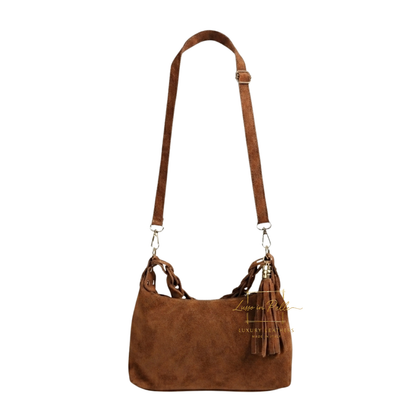 Genuine Suede Shoulder Bag with Braided Handle & Tassel Charm