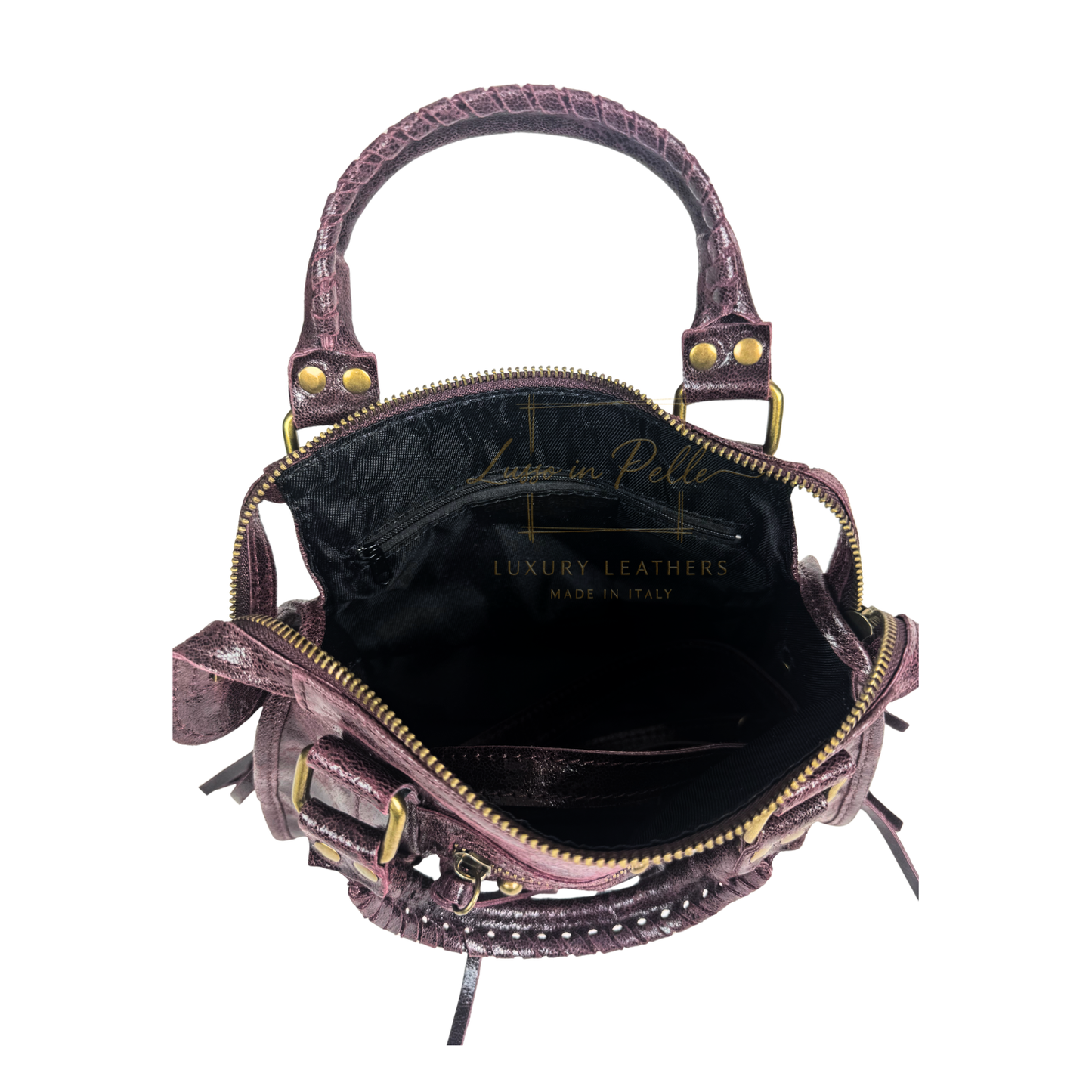 Genuine Leather Handbag with Front Zip Pocket & Stud Detail
