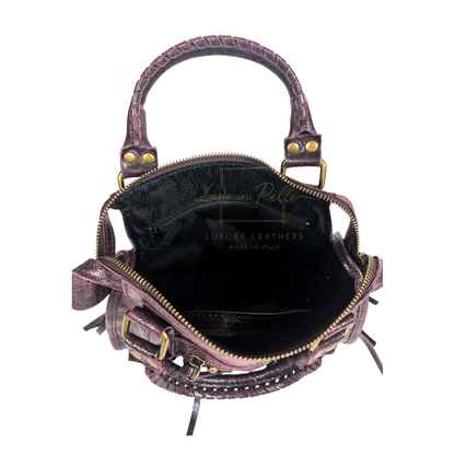 Genuine Leather Handbag with Front Zip Pocket & Stud Detail