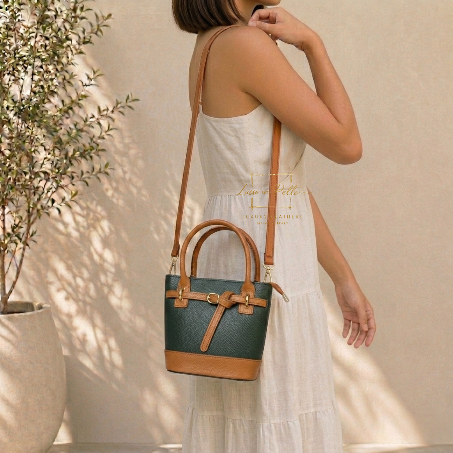 Grain Leather Bucket Bag with Crossbody Strap