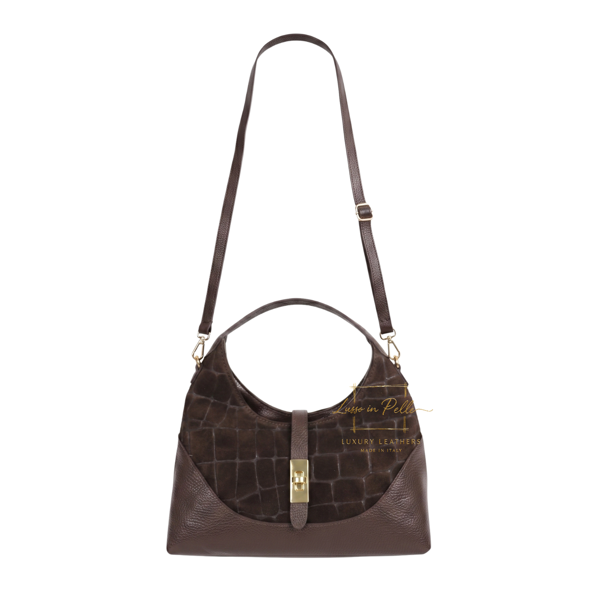 Genuine Suede & Leather Shoulder Bag with Croc Embossed Detail