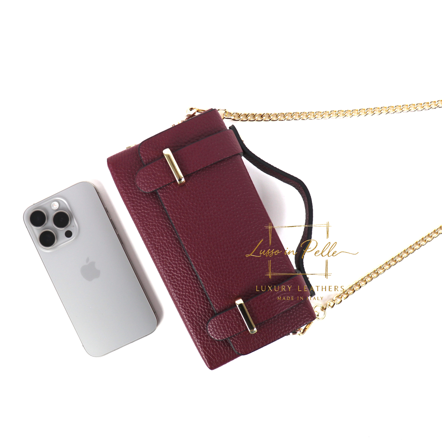 Small Genuine Leather Satchel Bag with Top Handle and Chain Straps