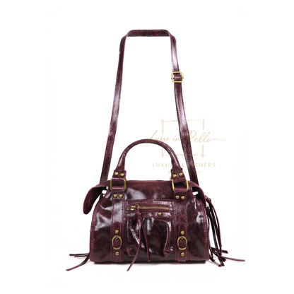 Genuine Leather Handbag with Front Zip Pocket & Stud Detail
