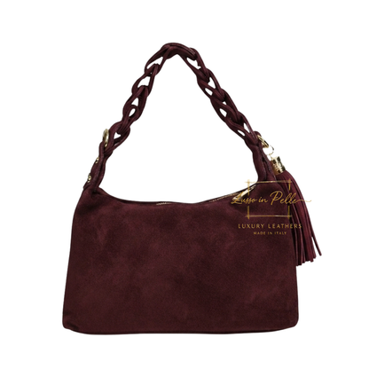 Genuine Suede Shoulder Bag with Braided Handle & Tassel Charm