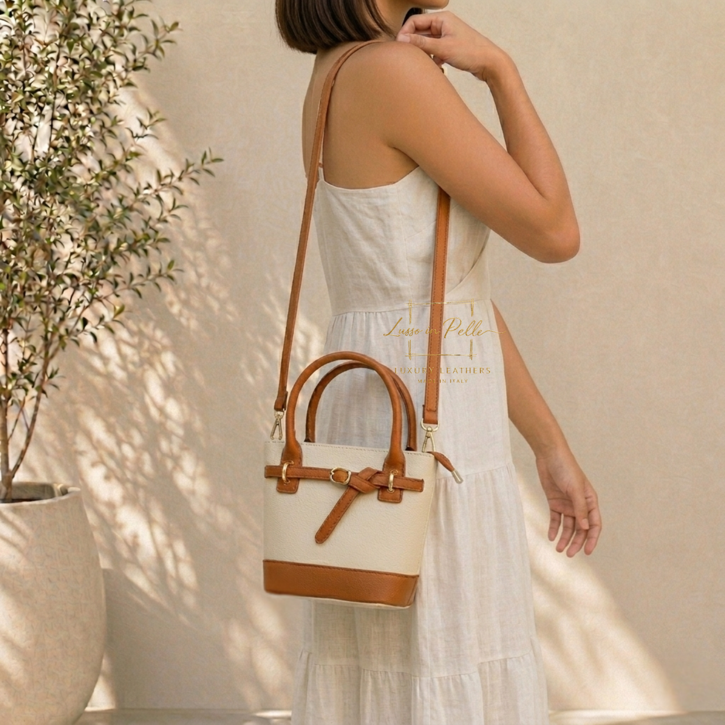 Grain Leather Bucket Bag with Crossbody Strap