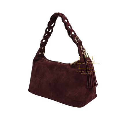 Genuine Suede Shoulder Bag with Braided Handle & Tassel Charm