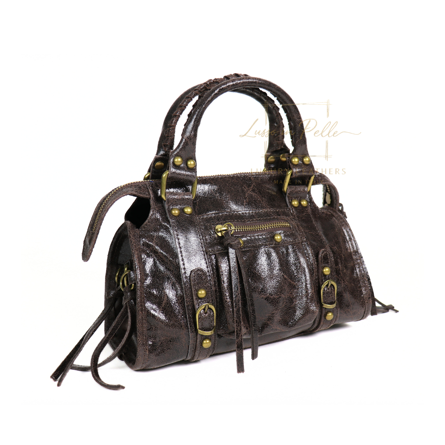 Genuine Leather Handbag with Front Zip Pocket & Stud Detail