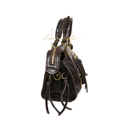 Genuine Leather Handbag with Front Zip Pocket & Stud Detail
