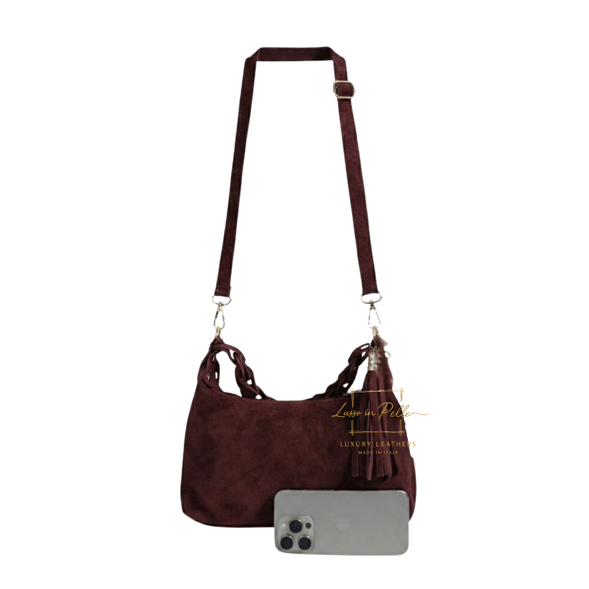 Genuine Suede Shoulder Bag with Braided Handle & Tassel Charm