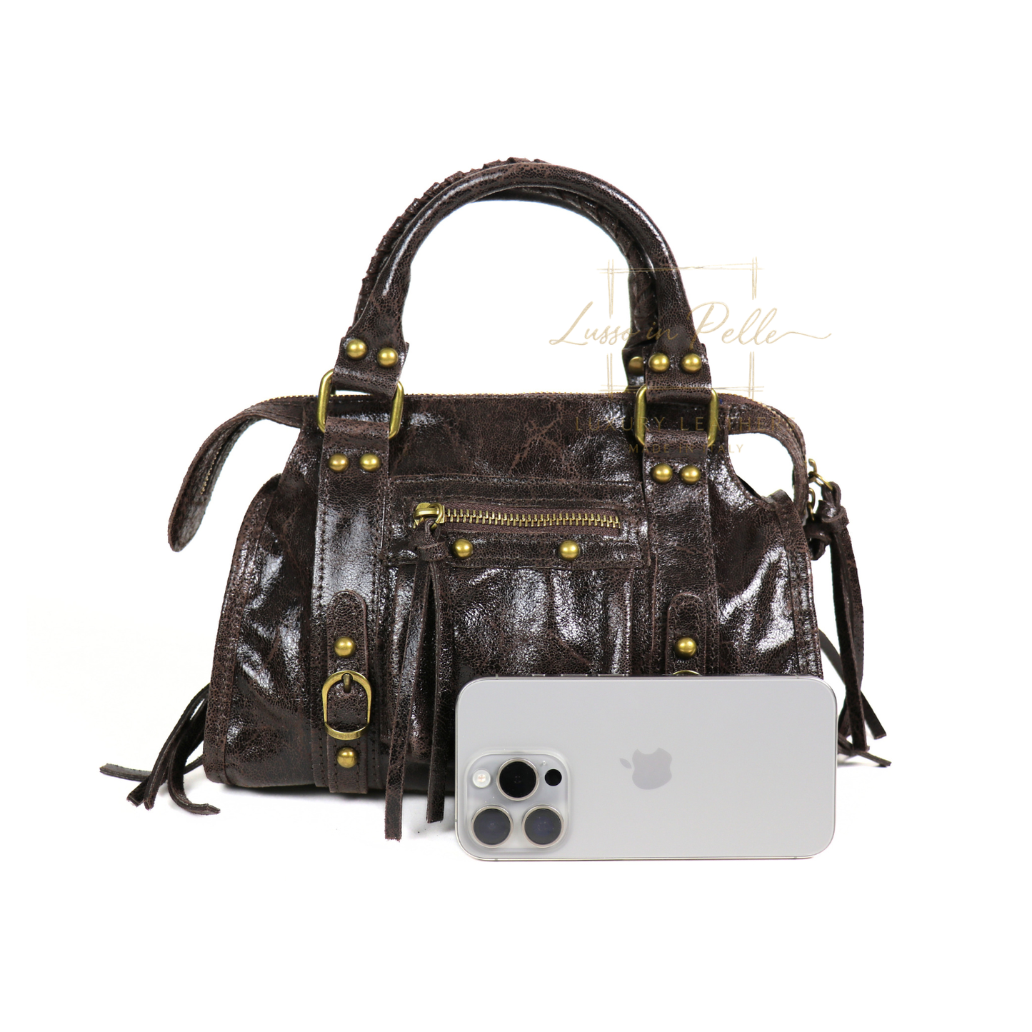 Genuine Leather Handbag with Front Zip Pocket & Stud Detail