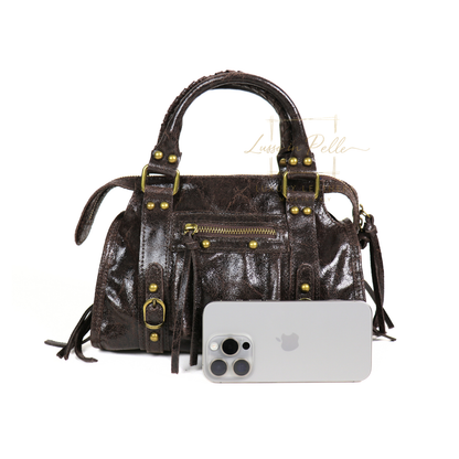 Genuine Leather Handbag with Front Zip Pocket & Stud Detail