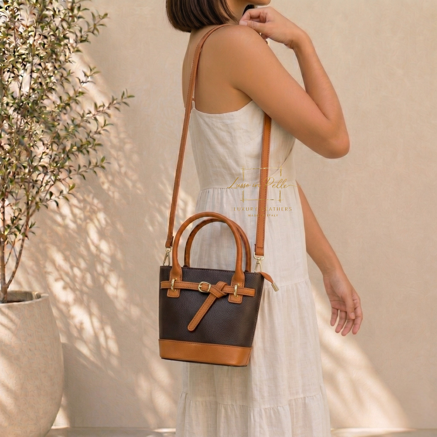 Grain Leather Bucket Bag with Crossbody Strap