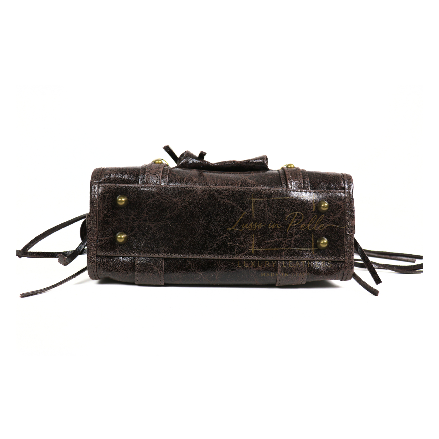 Genuine Leather Handbag with Front Zip Pocket & Stud Detail