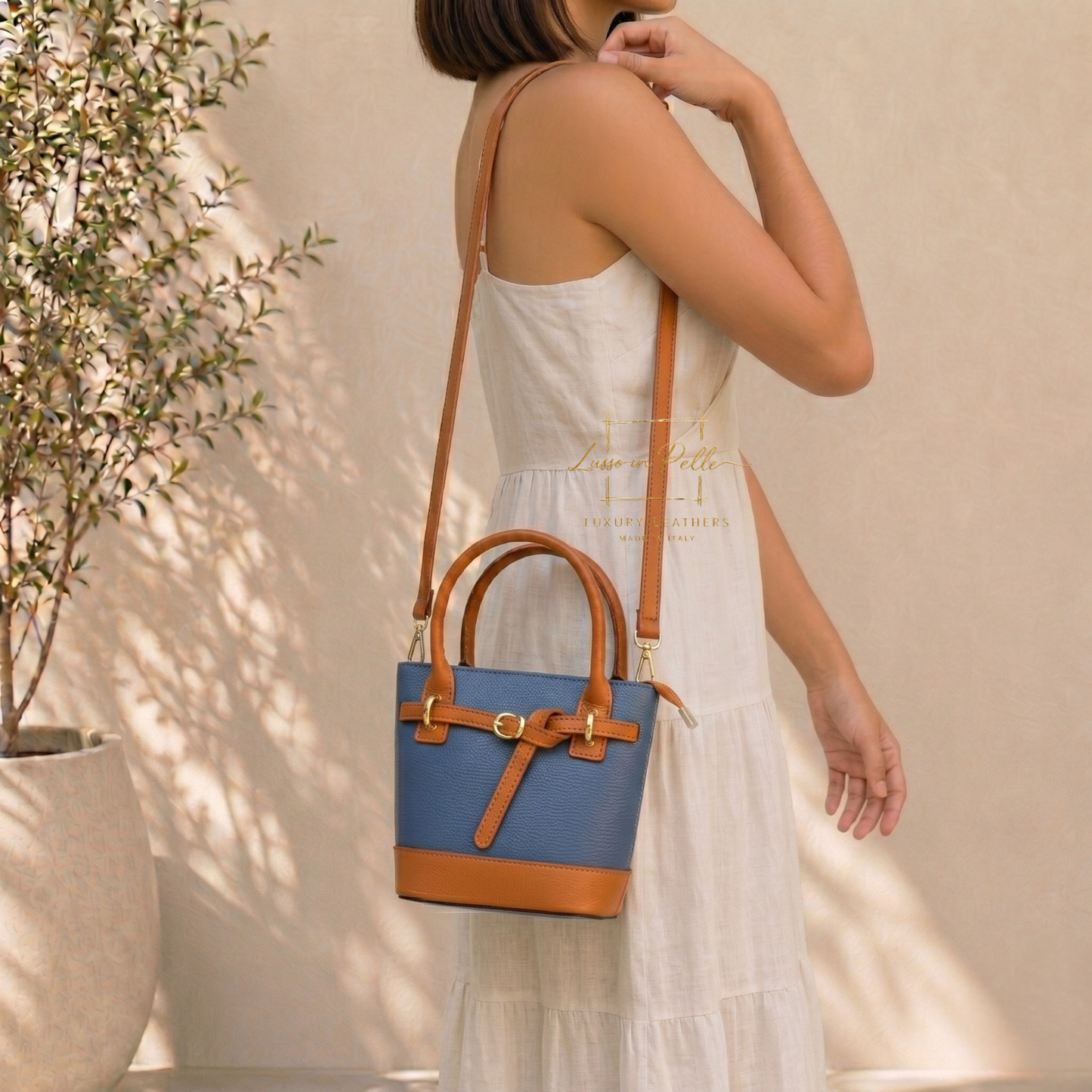 Grain Leather Bucket Bag with Crossbody Strap