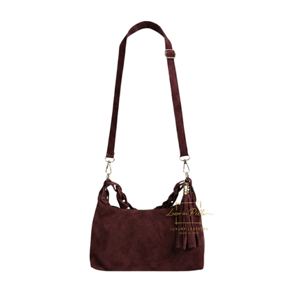 Genuine Suede Shoulder Bag with Braided Handle & Tassel Charm