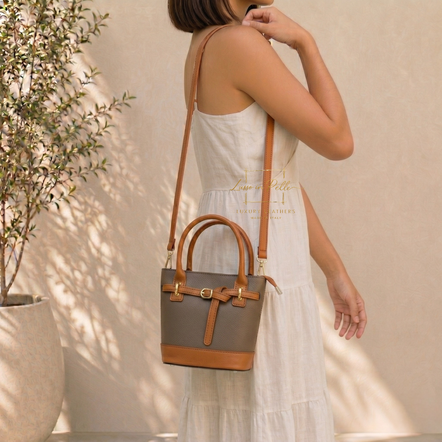 Grain Leather Bucket Bag with Crossbody Strap
