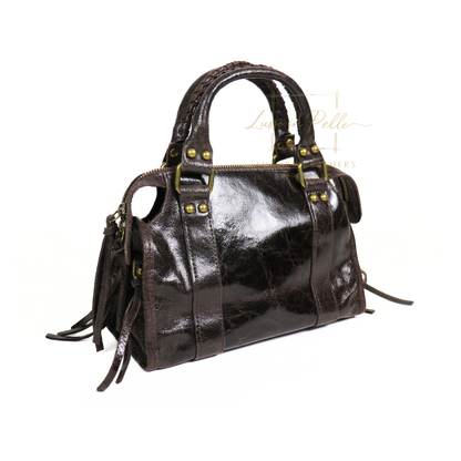 Genuine Leather Handbag with Front Zip Pocket & Stud Detail