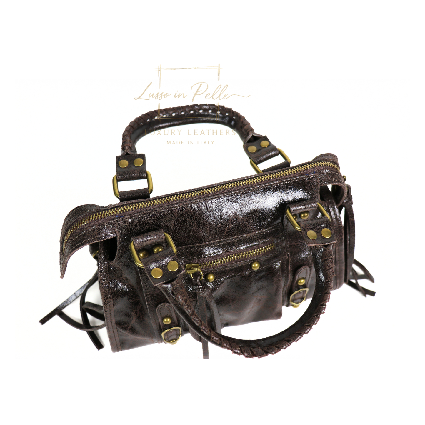Genuine Leather Handbag with Front Zip Pocket & Stud Detail
