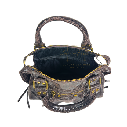 Genuine Leather Handbag with Front Zip Pocket & Stud Detail