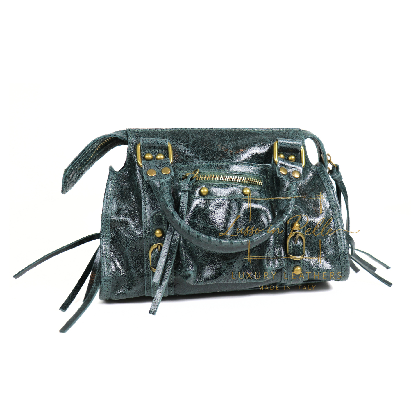 Genuine Leather Handbag with Front Zip Pocket & Stud Detail