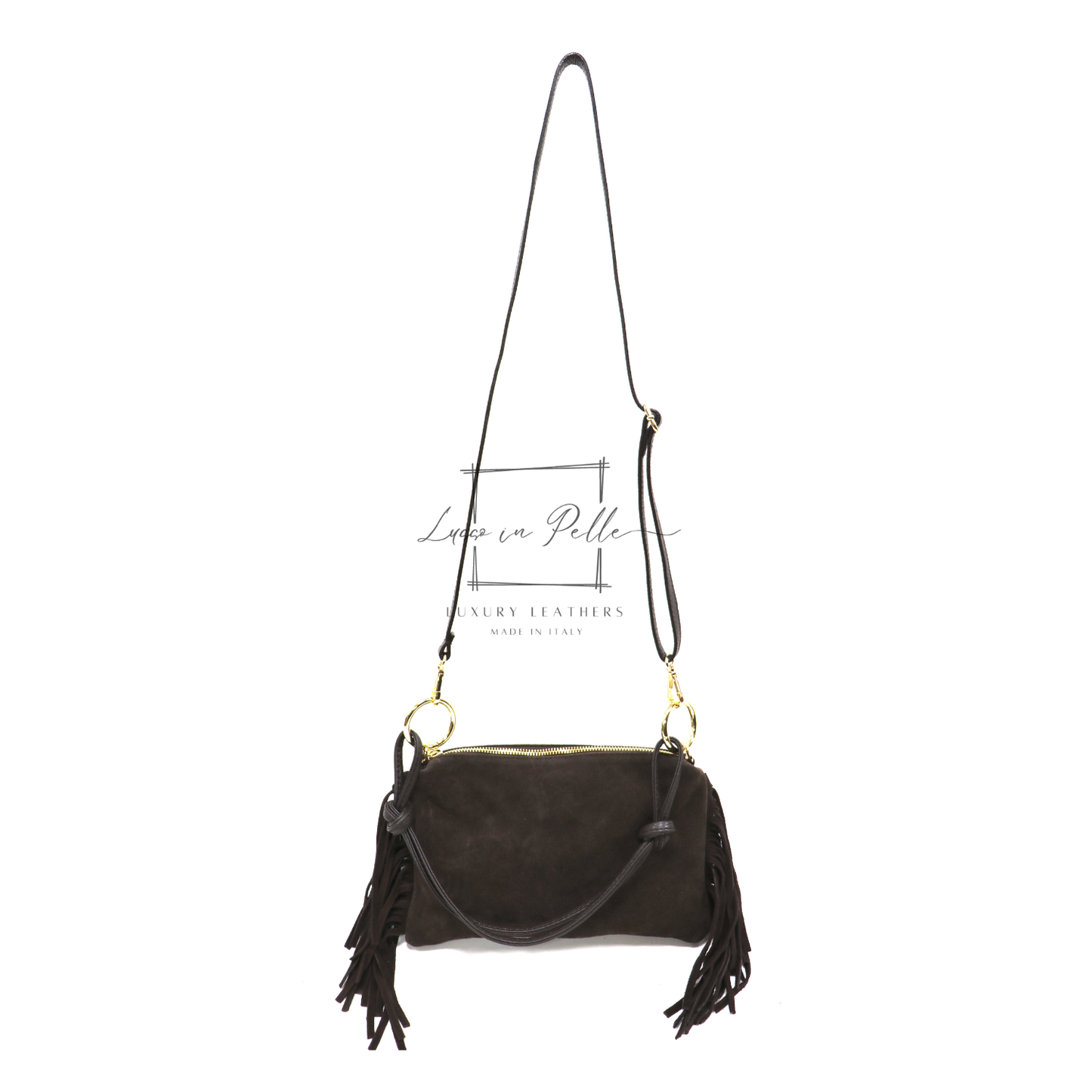 Small Italian Suede Fringe Bag with Shoulder and Crossbody Straps: Handmade Genuine Cowhide Suede Flat Purse