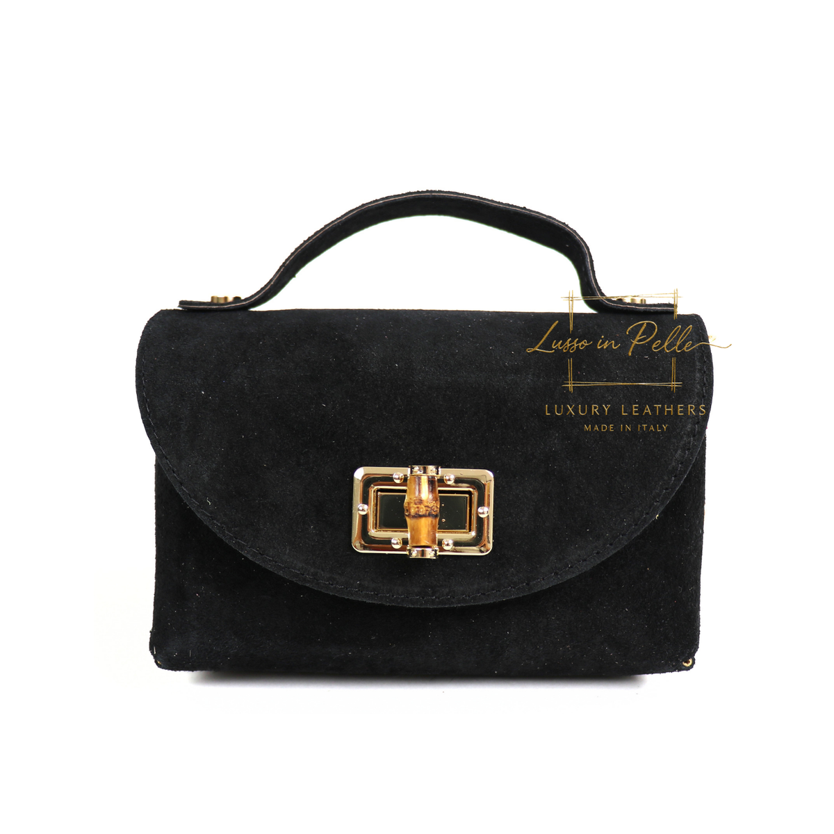 Genuine Suede Mini Top Handle Bag with Bamboo Twist Lock & Chain Strap