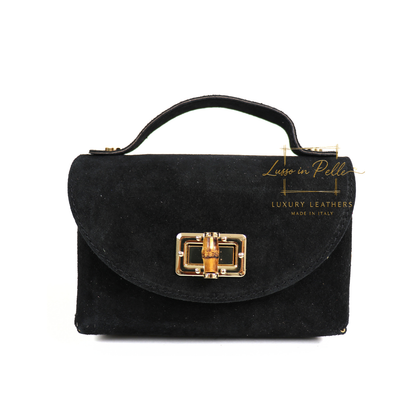 Genuine Suede Mini Top Handle Bag with Bamboo Twist Lock & Chain Strap