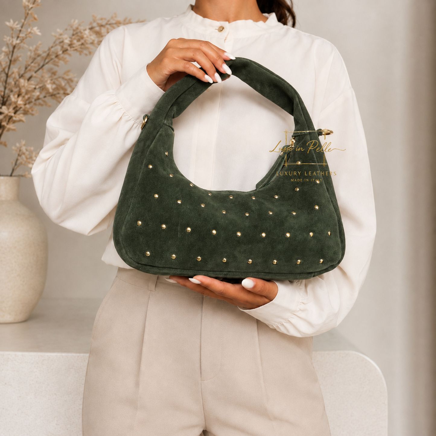 Soft Genuine Suede Shoulder Bag with Gold Stud Detail