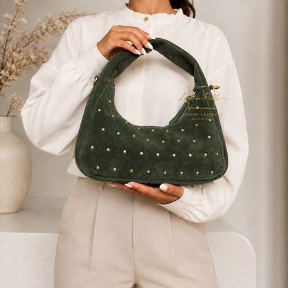 Soft Genuine Suede Shoulder Bag with Gold Stud Detail
