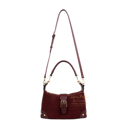 Genuine Suede & Leather Shoulder Bag with Buckle Detail