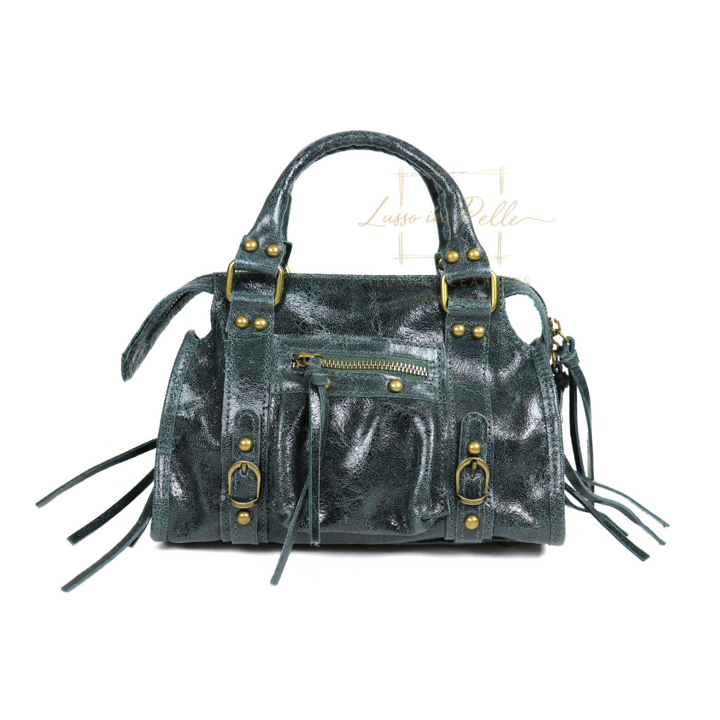 Genuine Leather Handbag with Front Zip Pocket & Stud Detail