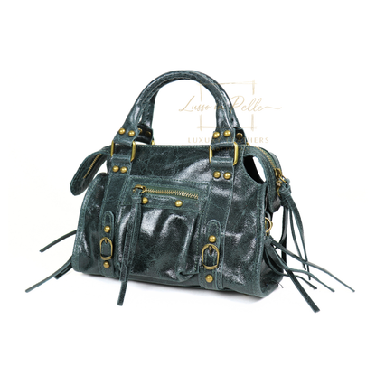 Genuine Leather Handbag with Front Zip Pocket & Stud Detail