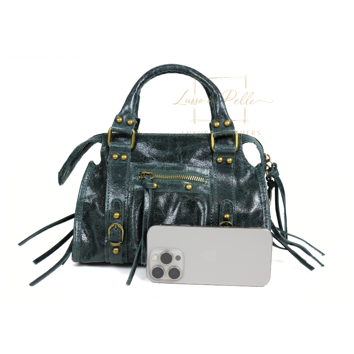 Genuine Leather Handbag with Front Zip Pocket & Stud Detail