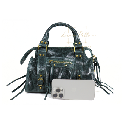 Genuine Leather Handbag with Front Zip Pocket & Stud Detail