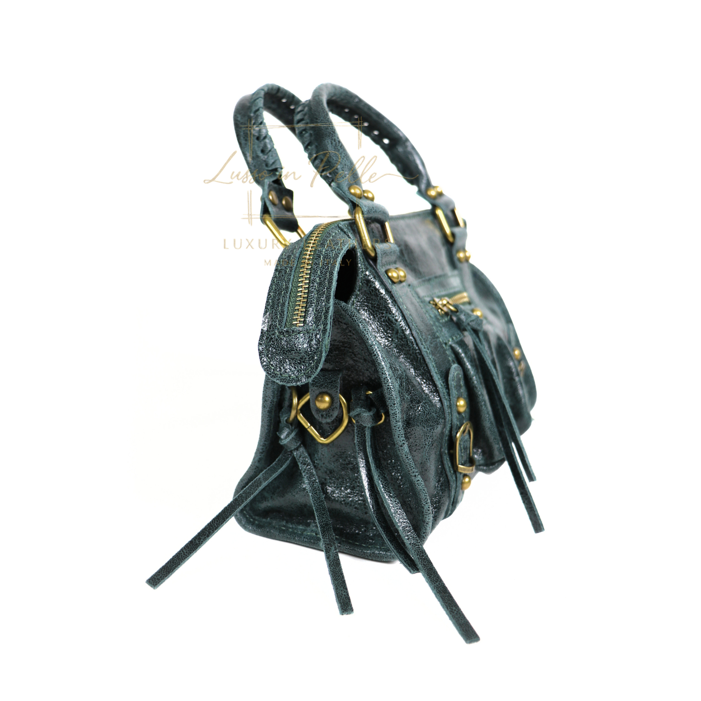 Genuine Leather Handbag with Front Zip Pocket & Stud Detail