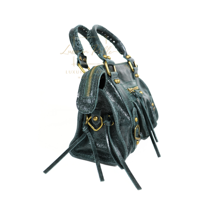 Genuine Leather Handbag with Front Zip Pocket & Stud Detail