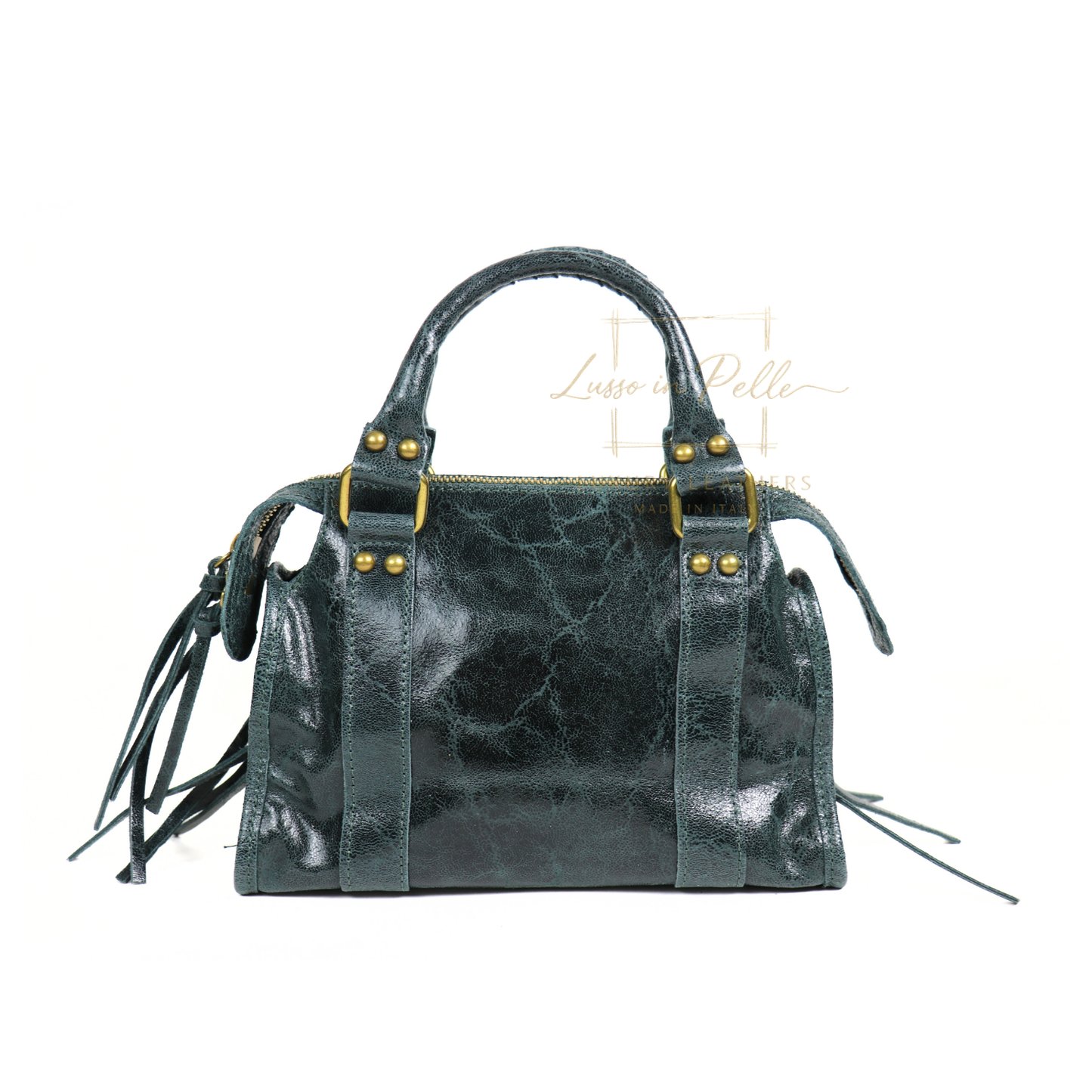 Genuine Leather Handbag with Front Zip Pocket & Stud Detail