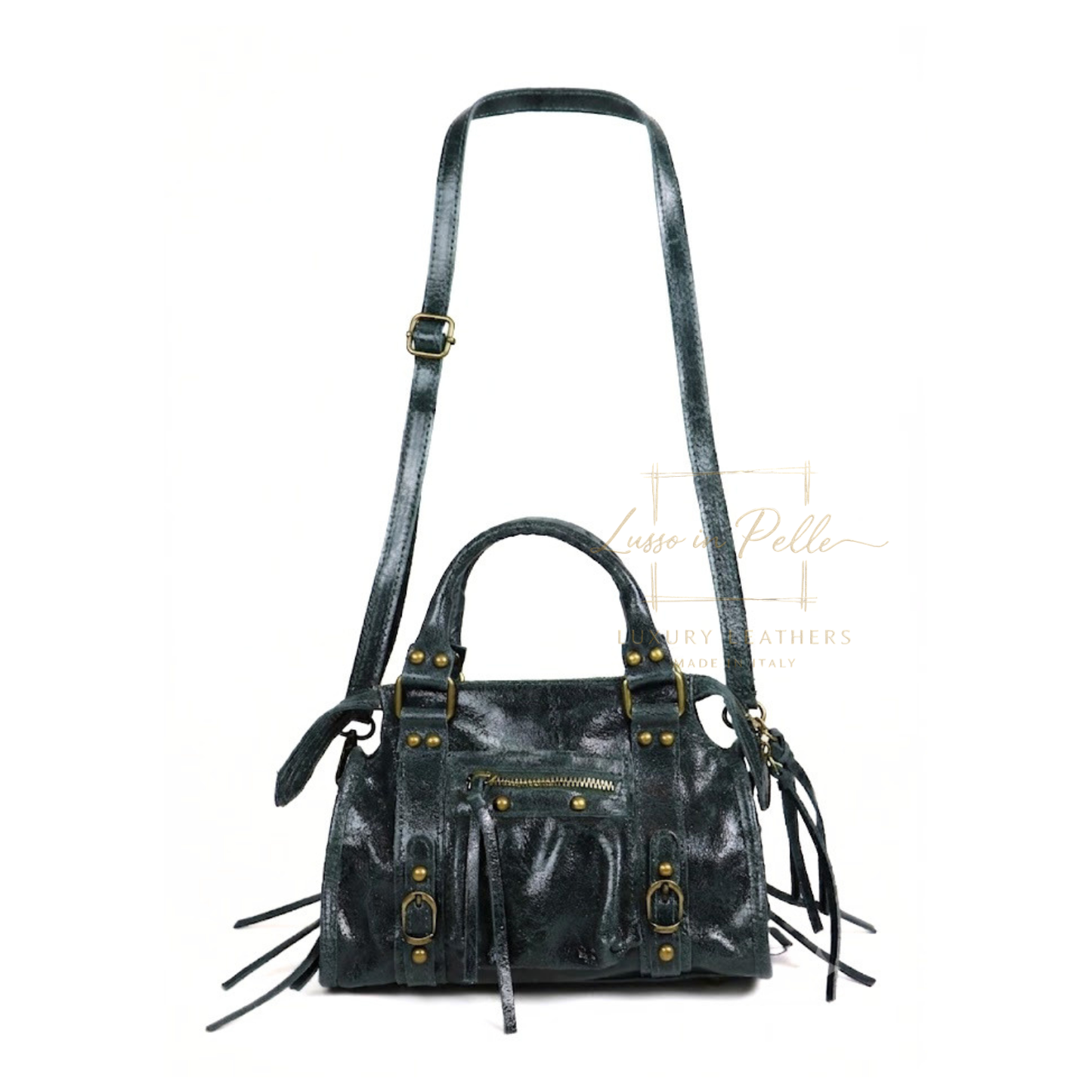 Genuine Leather Handbag with Front Zip Pocket & Stud Detail