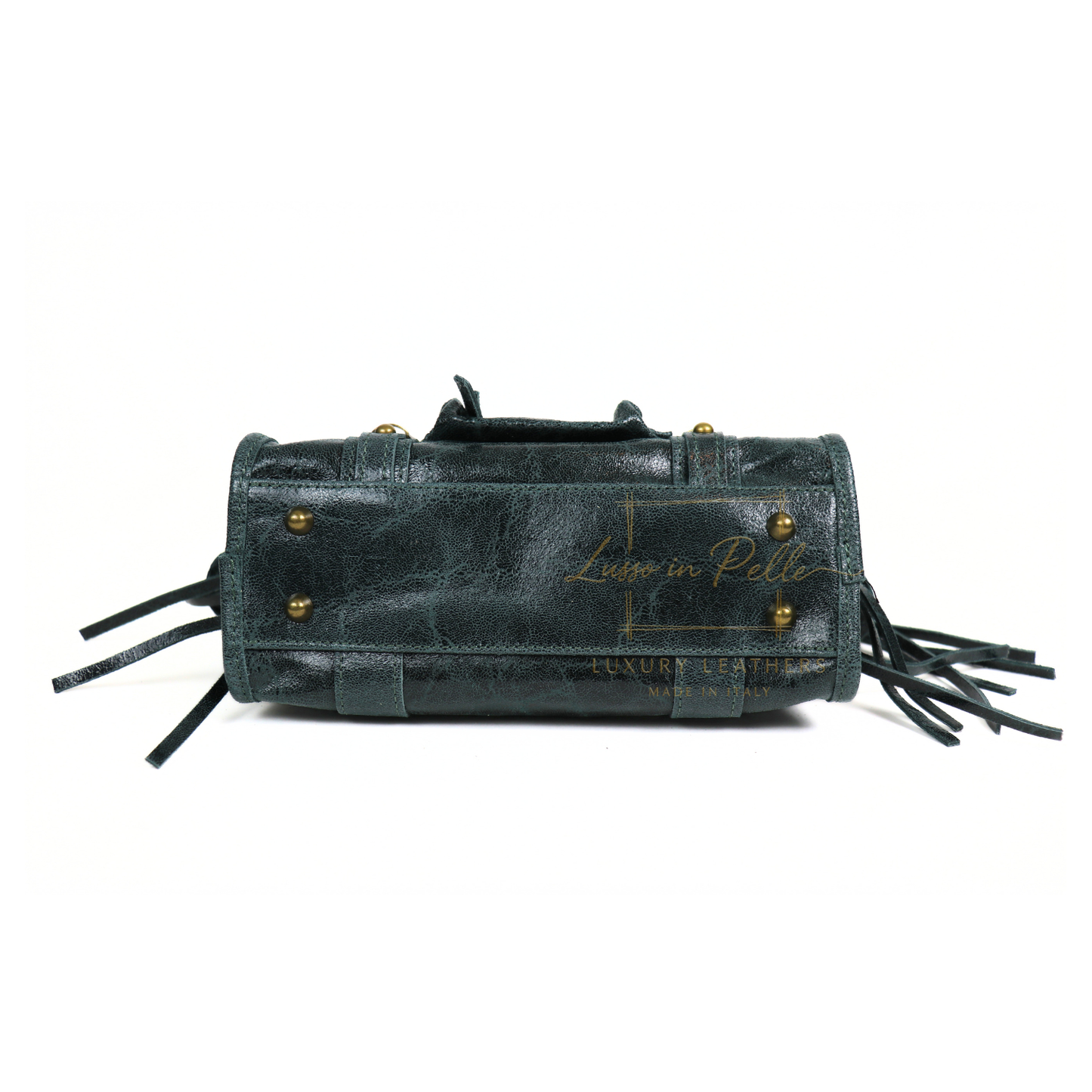 Genuine Leather Handbag with Front Zip Pocket & Stud Detail