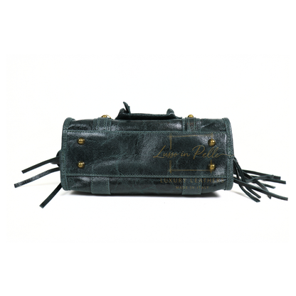 Genuine Leather Handbag with Front Zip Pocket & Stud Detail