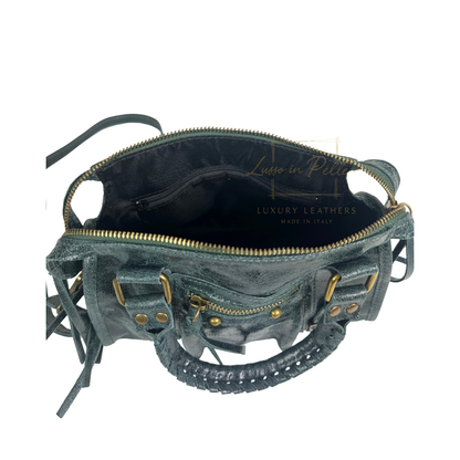 Genuine Leather Handbag with Front Zip Pocket & Stud Detail