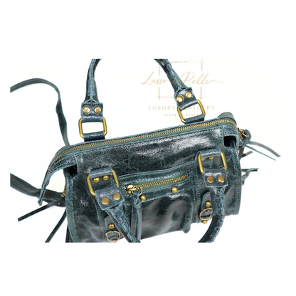 Genuine Leather Handbag with Front Zip Pocket & Stud Detail