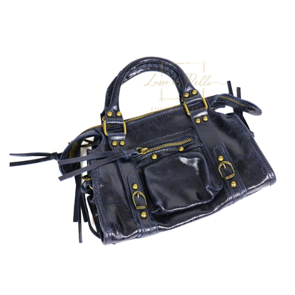 Genuine Leather Handbag with Front Zip Pocket & Stud Detail