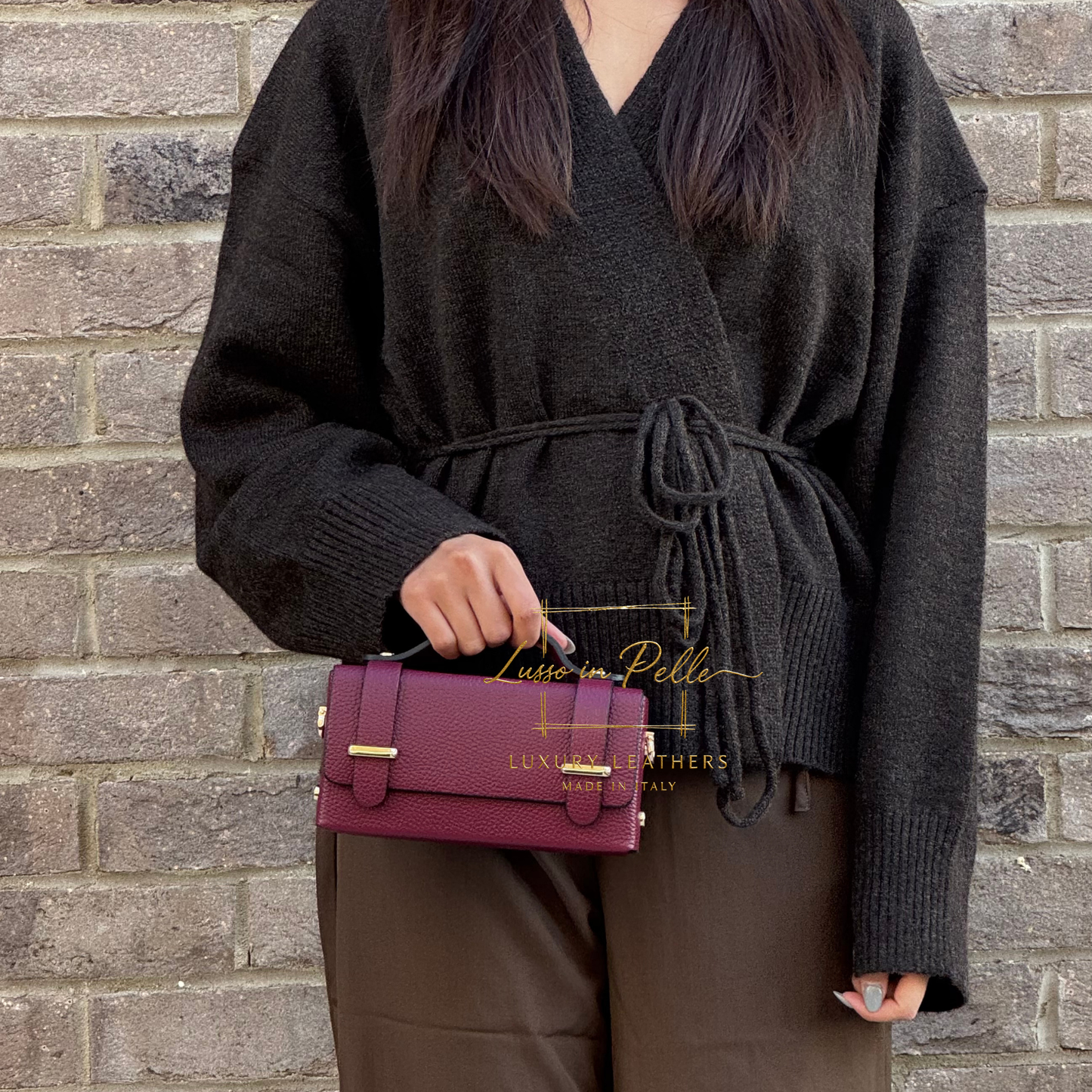 Small Genuine Leather Satchel Bag with Top Handle and Chain Straps