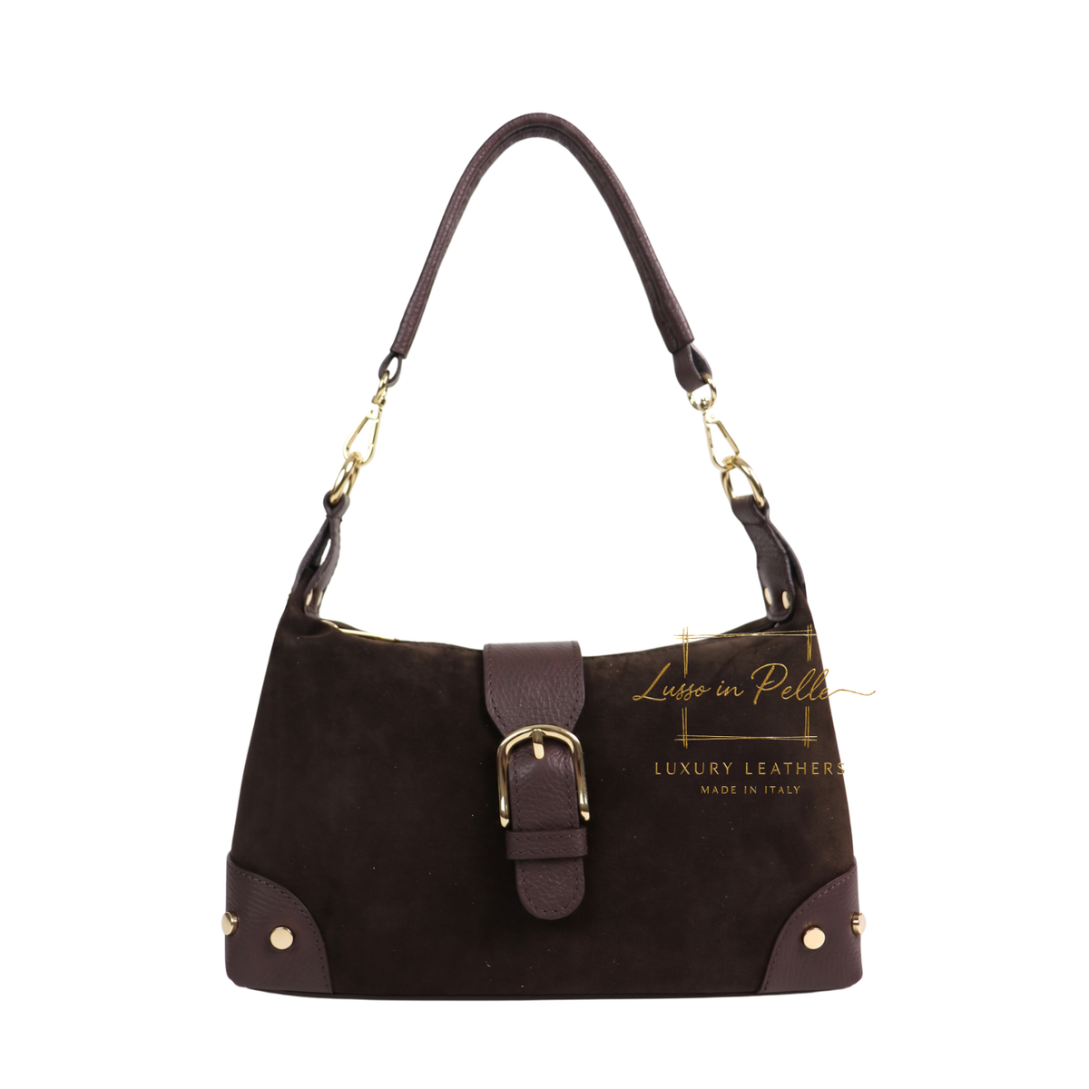Genuine Suede & Leather Shoulder Bag with Buckle Detail
