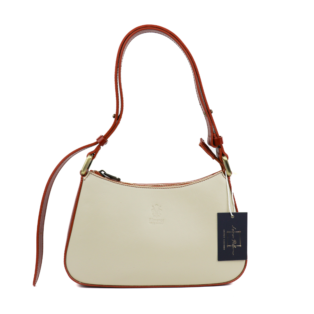 Medium Structured Florence Leather Shoulder/Crossbody Bag - Lussoinpelle Cream/Tan Crossbody bags