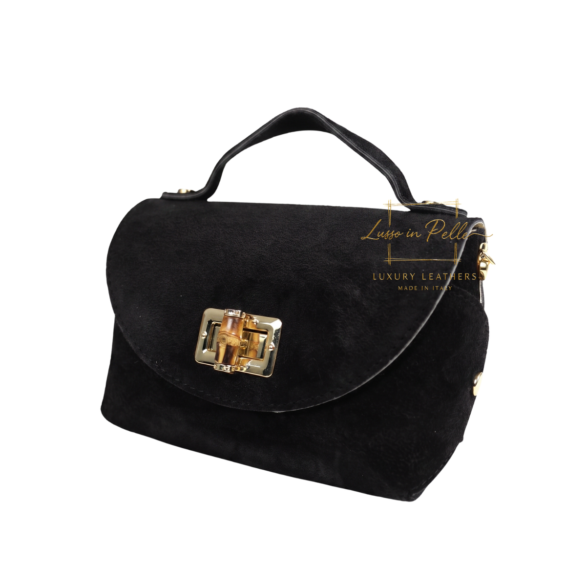 Genuine Suede Mini Top Handle Bag with Bamboo Twist Lock & Chain Strap
