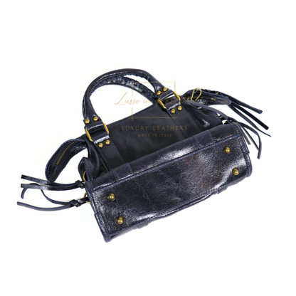 Genuine Leather Handbag with Front Zip Pocket & Stud Detail