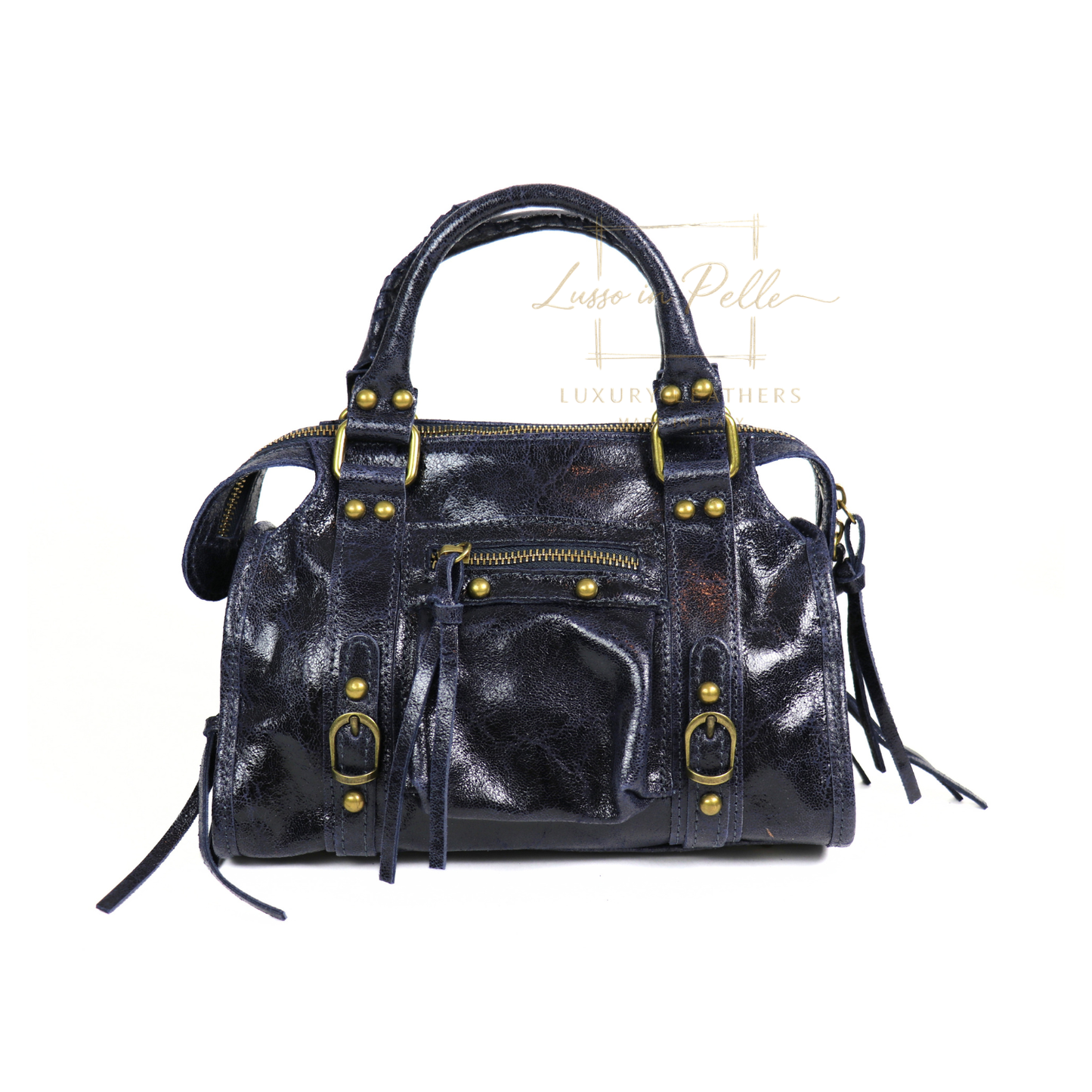 Genuine Leather Handbag with Front Zip Pocket & Stud Detail