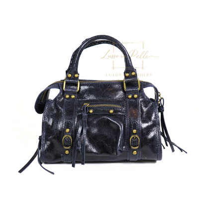 Genuine Leather Handbag with Front Zip Pocket & Stud Detail